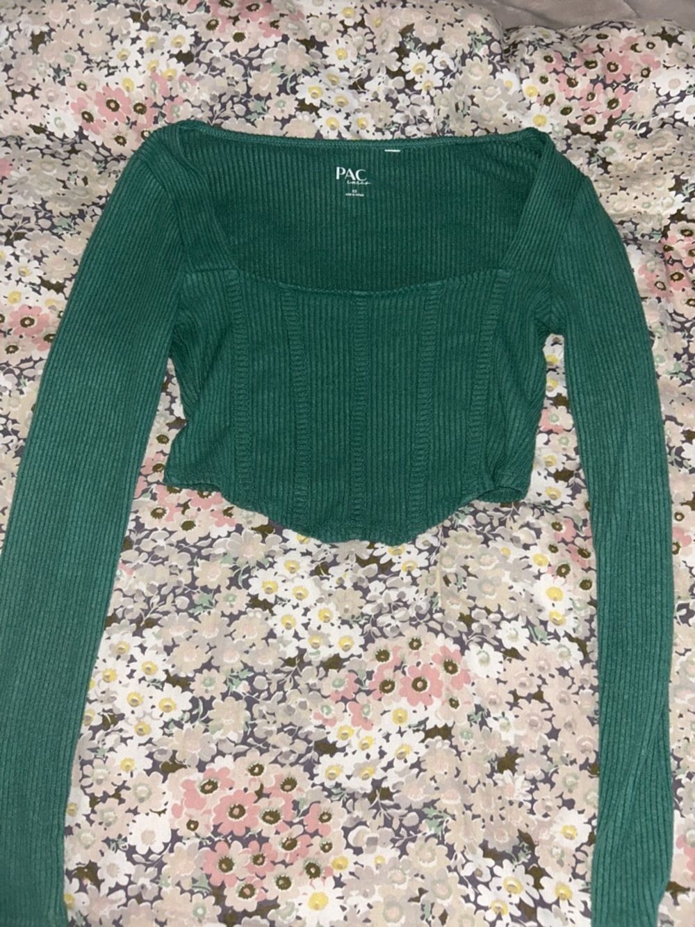 PacSun Green Ribbed Long-Sleeve Scoop Neck Top